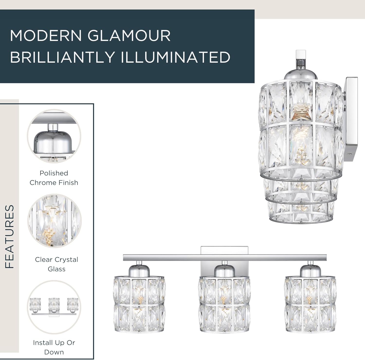 Quoizel Gibson 21" Glam Vanity Light, 3-Light, Polished Chrome Clear Crystal Glass, Dimmable, Up/Down Mount, ETL Damp-Rated