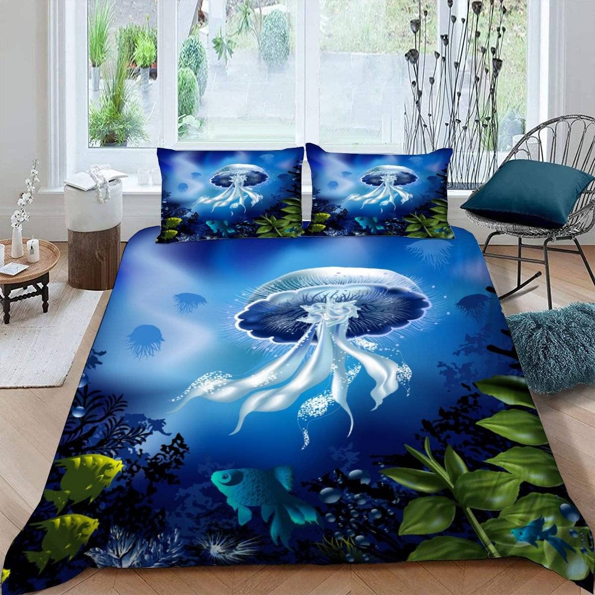 Kids Octopus Jellyfish Single Bedding Duvet Cover Set Microfiber Breathable Hypoallergenic Single Duvet Cover Set with Pillowcase for Girls and Boys