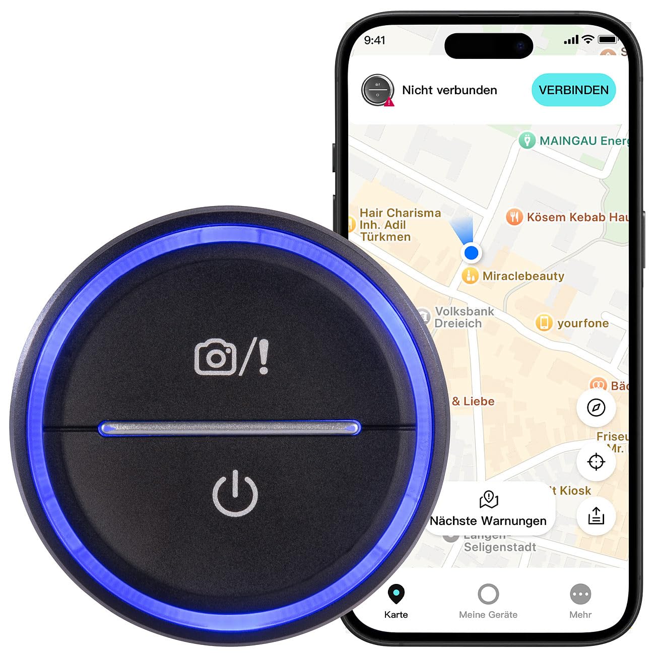 Lescars Blitzerwarner: Akku-Gefahrenstellen-Warner mit Bluetooth und App, Multicolor-LED-Ring (Gefahrstellenwarner, Auto Warnsystem Bluetooth, Laser)