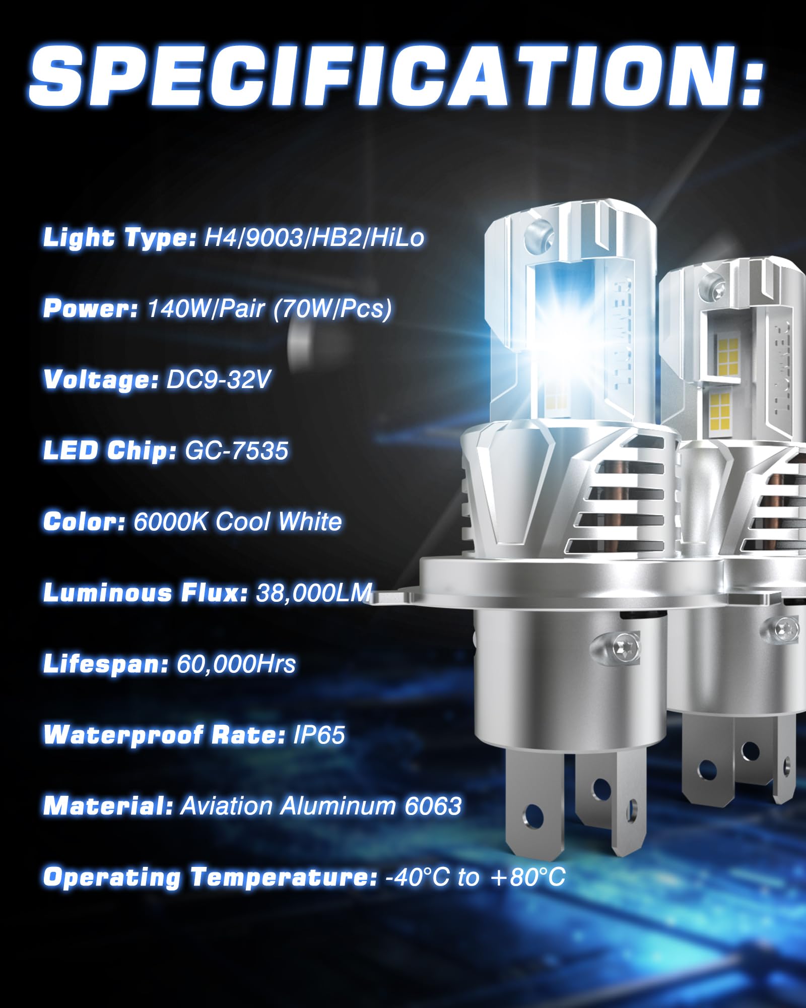 Lampadine H4 Led Auto, 140 W, 38.000 Lm, 6.000 K (Bianco Freddo) Luminosità Del 700%, 12 V, 24 V, Compatibile Con CAN-Bus, Lampadine Led H4 9003 HB2 Kit Di Sostituzione Alogena, 2 Pz