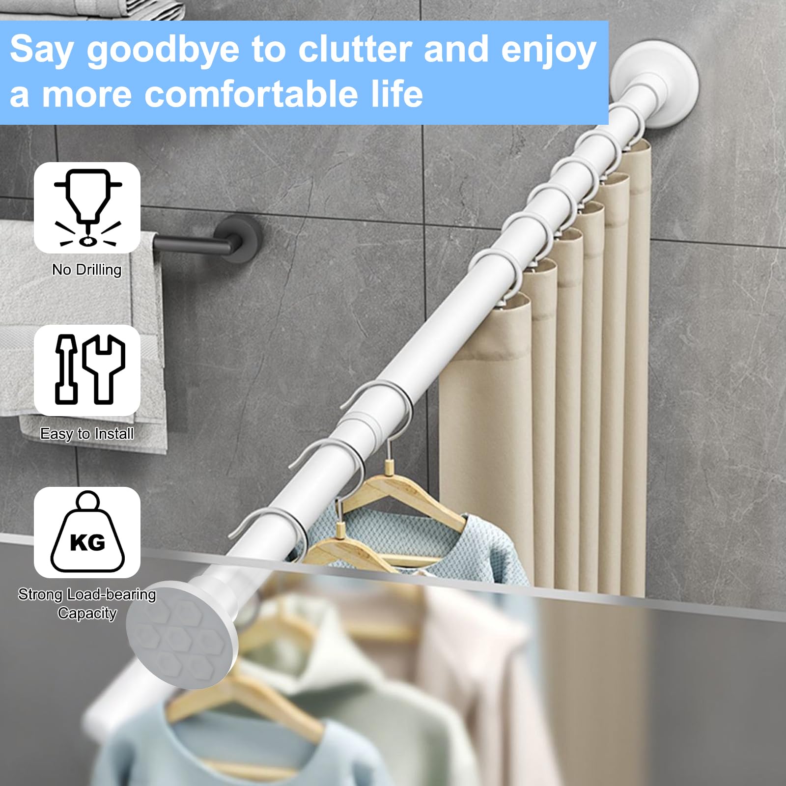 90-160cm Bastone Tenda a Pressione Regolabile Bastone Tenda Doccia Ispessito&Robusto Può Sopportare 20KG per Appendere Tende, Tenda Doccia, Tende per Porte e Indumenti Bianco