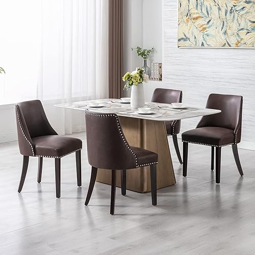 Miniatura 7 de Juego de 2 sillas de comedor de piel sintética tapizadas con ribete de cabeza de clavo y patas de madera maciza, silla auxiliar moderna de mediados