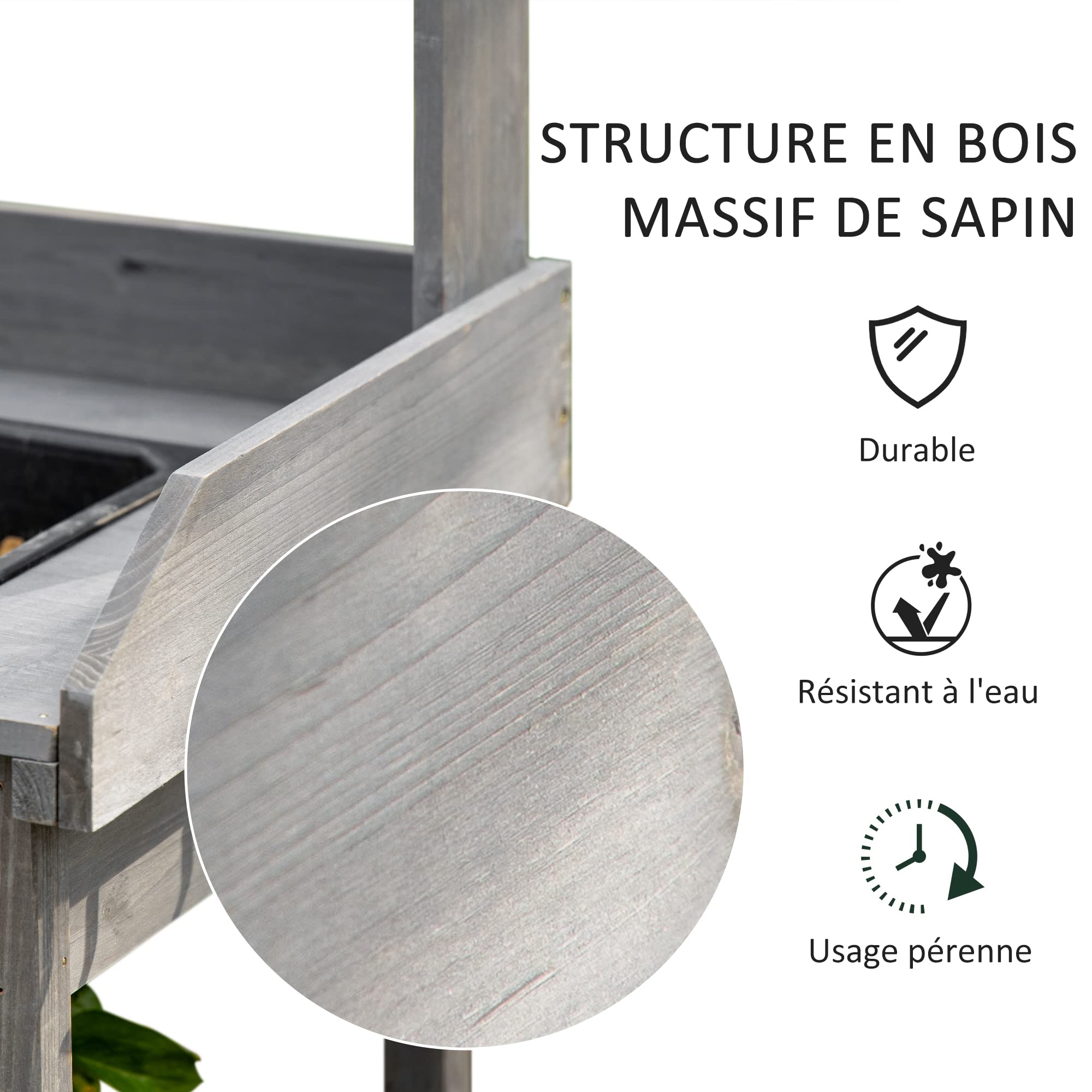 Outsunny Tavolo da giardinaggio multifunzionale con cassetto, 3 ripiani, lavello, 3 ganci - tavolo da giardinaggio in legno di abete preoliato grigio