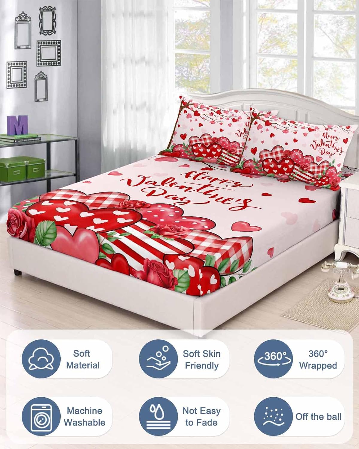 Happy Valentine's Day Fitted Sheet Set for California King Size Bed Love Tree Rose 3 Pieces Bedding Sheets-Deep Pocket Bedsheet Fits Mattress Upto 16",2 Pillow Cases Bedroom Decor Red Hearts on Pink
