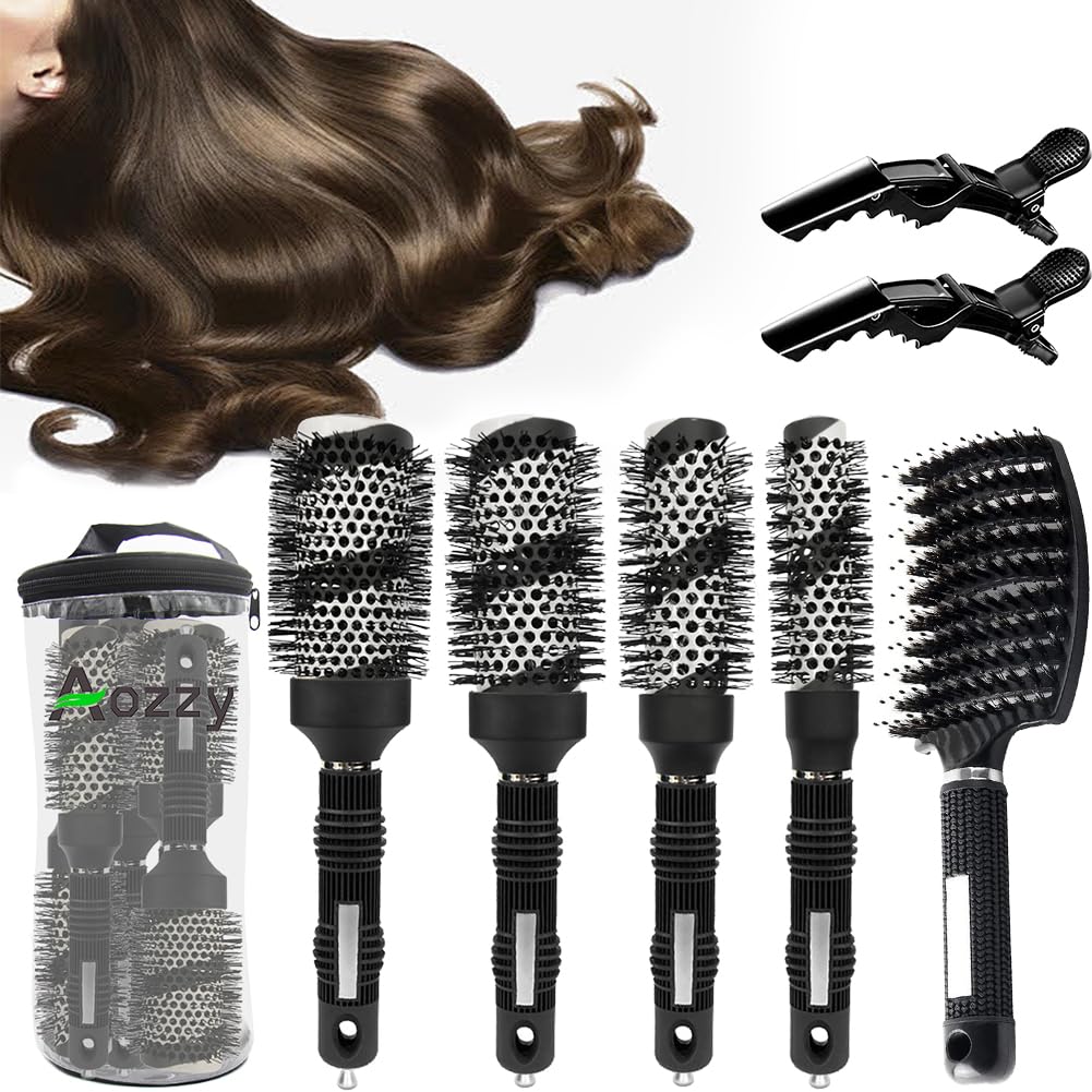 Aozzy Blow-Drying Round Hair Brush Set - Ceramic, Boar Bristle Brush for Women - Thermal Barrel Brush Set, Styling & Roller Brush for Shiny, Smooth and Bouncy Hair