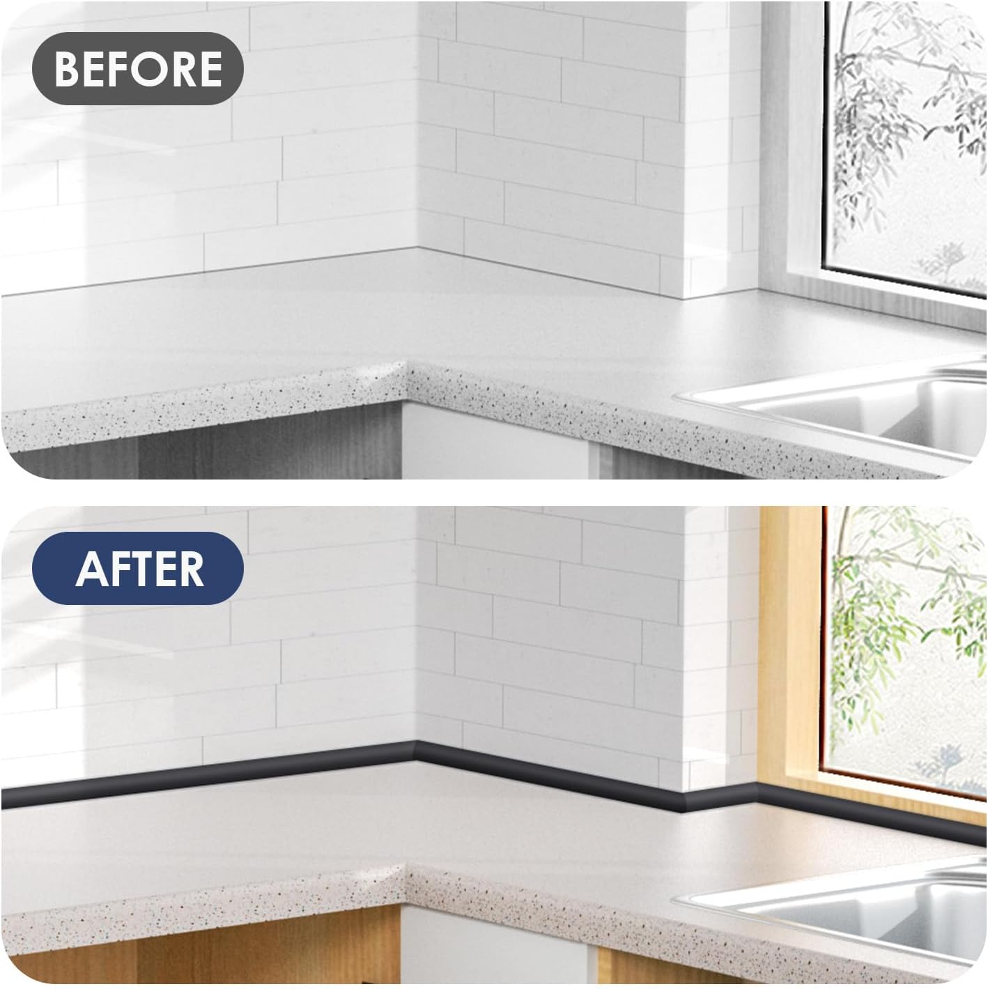 Flexible Quarter Round Molding, 118 Inch Peel and Stick Rubber Quarter Round Trim Molding with Self Adhesive, Waterproof Bendable Molding Trim for Wall Edge Corner,Staircase Cabinet Edge,Black