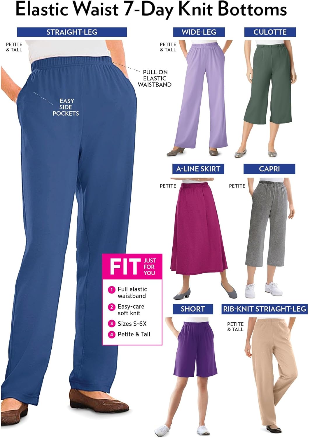 Woman Within Plus Size 7-Day Knit Straight Leg Pant Stretch Elastic Waist (Petite & Tall Available)
