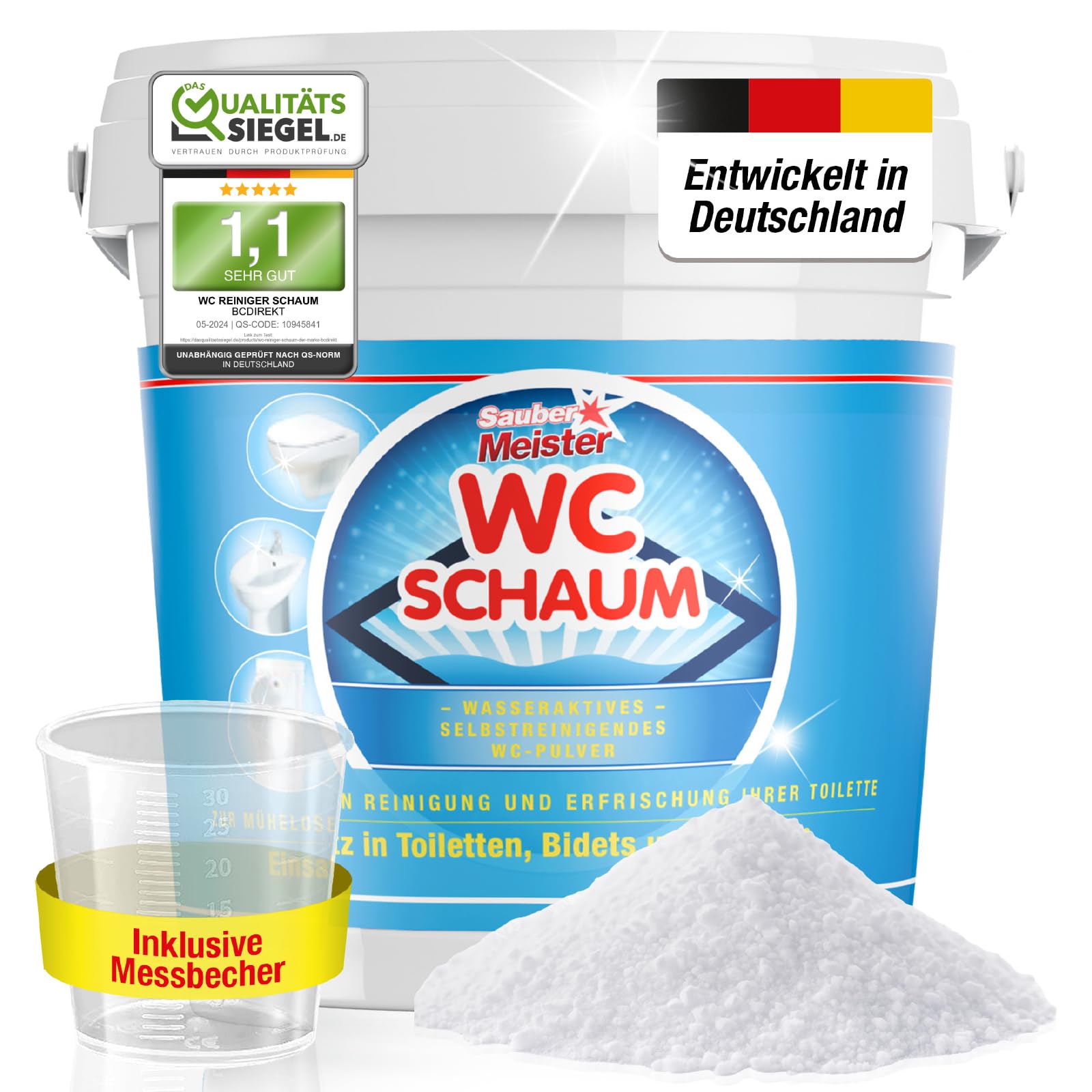SAUBER MEISTER WC SCHAUMREINIGER PULVER – Extra starker WC Schaum für gründliche Sauberkeit – Kraftvoller WC-Reiniger gegen Kalk & Urinstein – Selbstreinigende Pulverform – 1 kg
