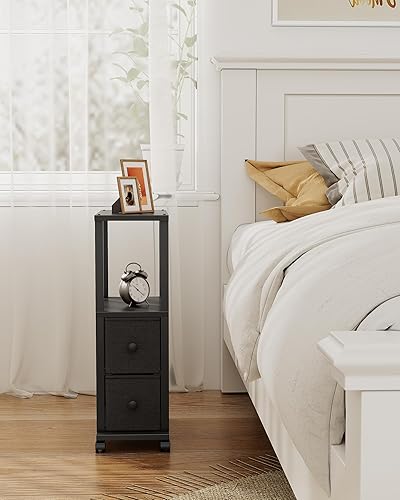 Miniatura 8 de TUTOTAK Mesas pequeñas estrechas, mesas auxiliares con 2 cajones de tela, juego de 2, mesitas de noche con estación de carga para espacios pequeños,