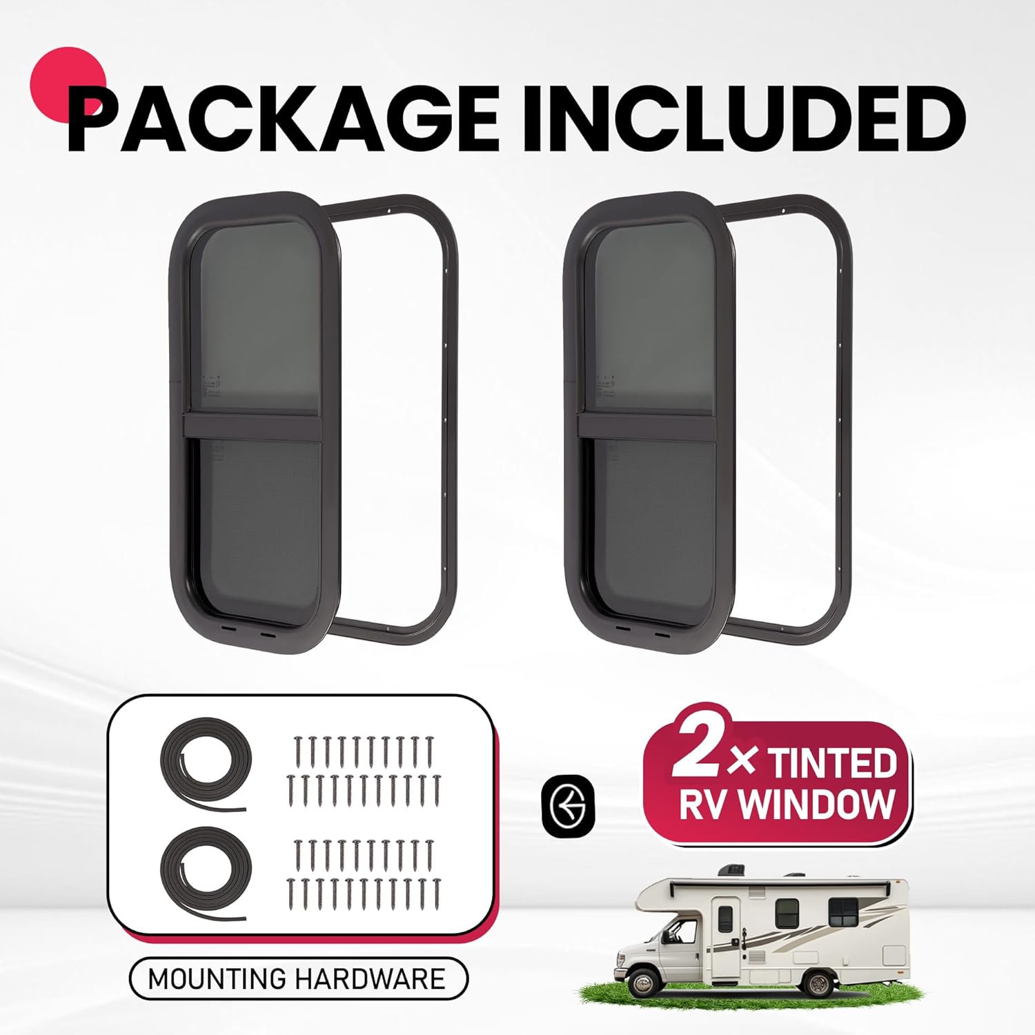2PCS 12" W x 24" H RV Window Universal W/Net Screen and Trim Ring Slide Vertical Window Tempered Glass Aluminium Plastic Rubber Black Dark