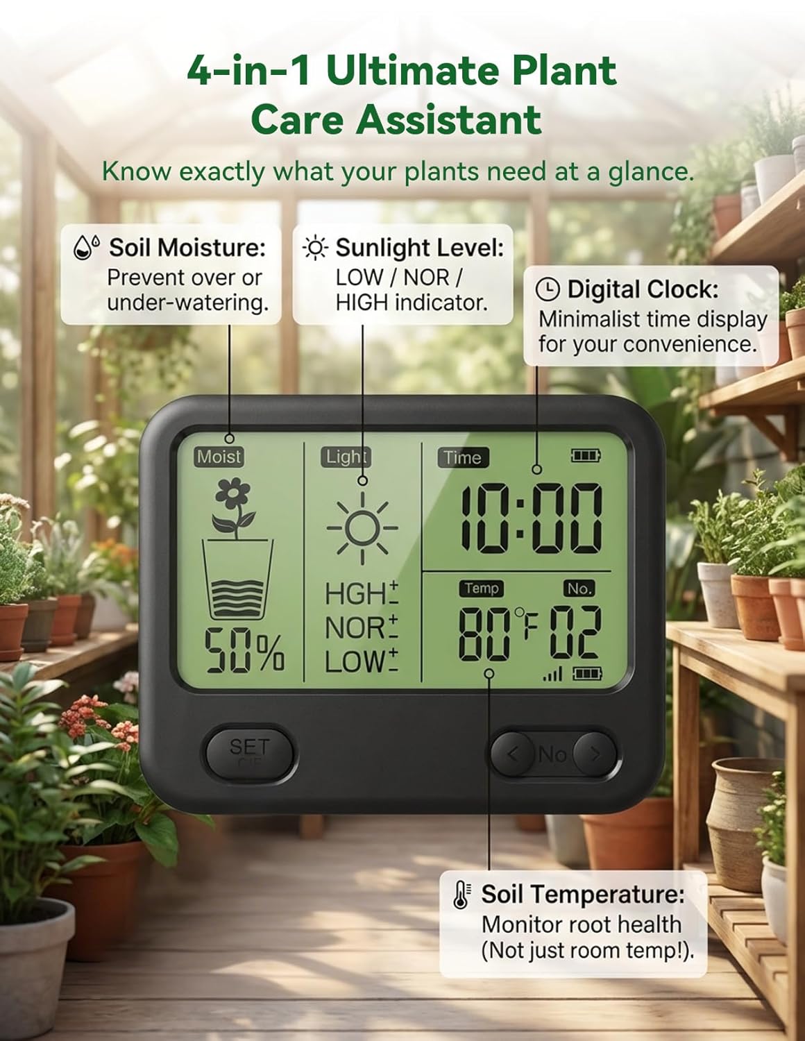 Nexuslab Wireless Soil Moisture Meter with LCD Receiver – 3‑Probe 3‑in‑1 Sensor (Moisture, Temperature, Light), 230 ft RF Range, Waterproof, Long Battery Life for Indoor/Outdoor Plants and Gardens