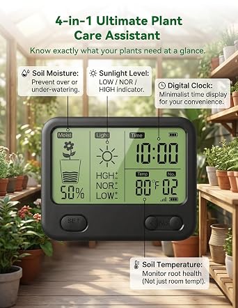 Nexuslab Wireless Soil Moisture Meter with LCD Receiver 3Probe 3in1 Sensor (Moisture, Temperature, Light), 230 ft RF Range, Waterproof, Long Battery Life for Indoor/Outdoor Plants and Gardens