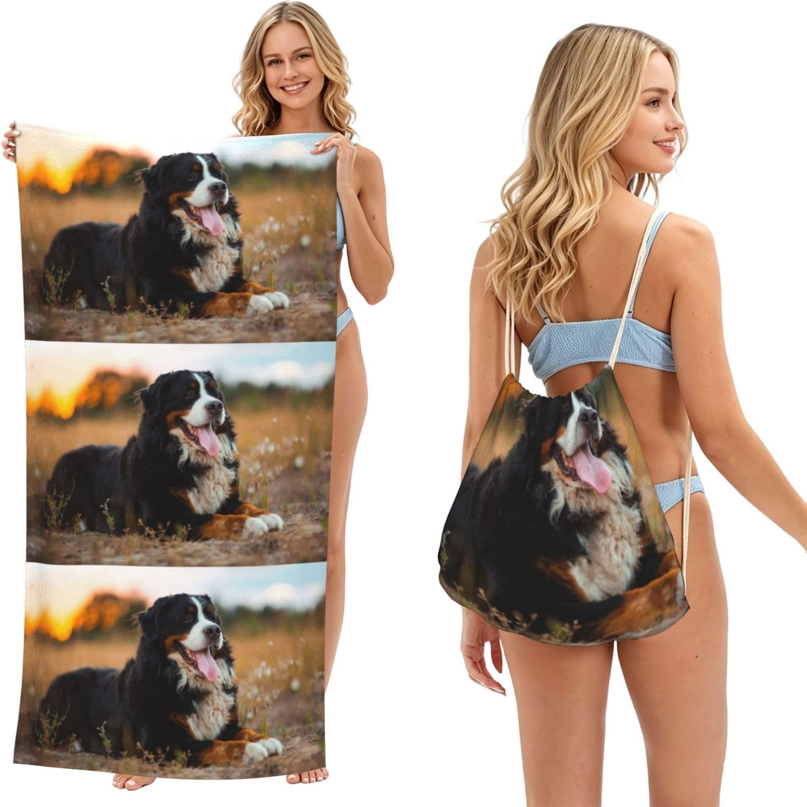 Poadnly As Picture Bernese Mountain Dog, 2 In 1 Packable Towel Bag, Beach Towels With Drawstring Backpack For Travel Holiday Camping