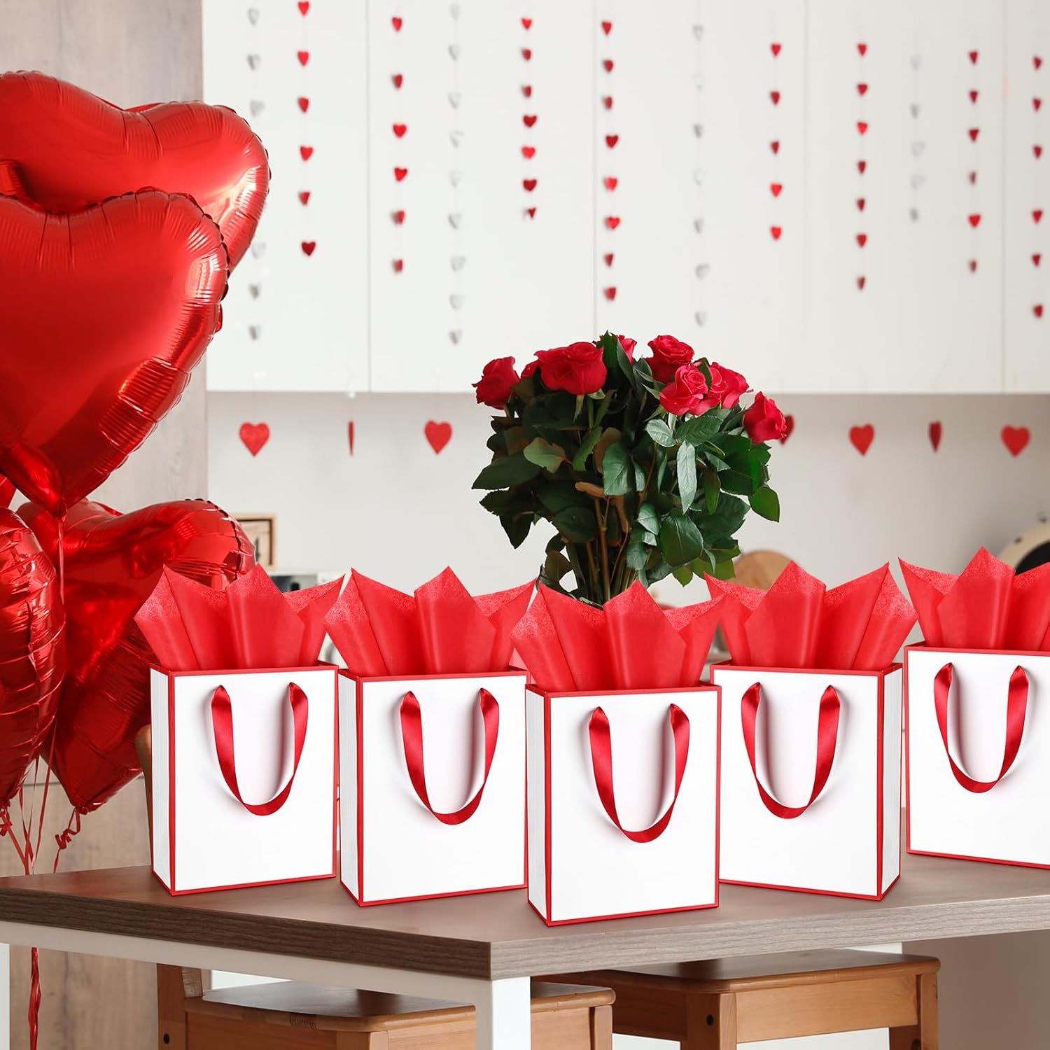 Yeaqee 50 Pack Metallic Gift Bags with Handle and Tissue Paper Gold Foil Thank You Bag for Valentine Wedding 5 Groomsmen Bridal 5 Senses Gifts Holiday Party Favors 9x7x3.15''(White Red) - Image 7