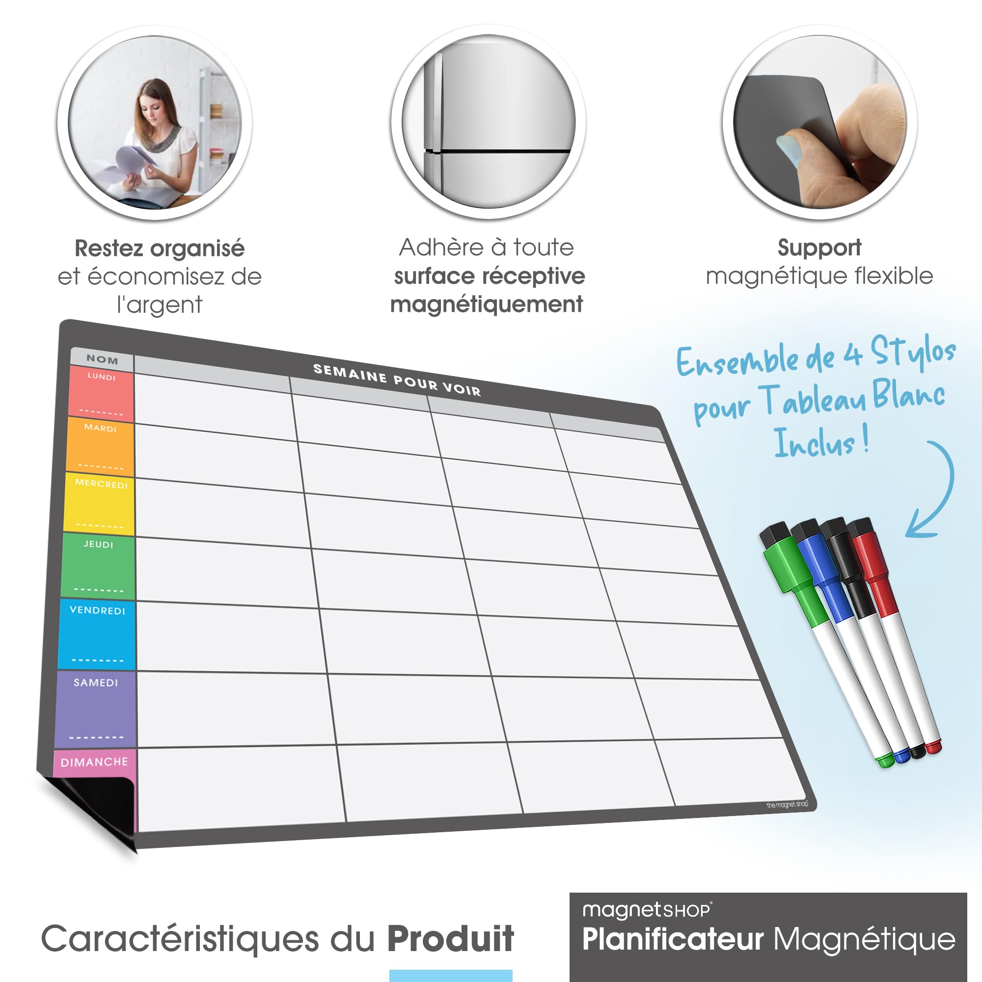 Tableau Magnétique Frigo Effaçable - Planning Semainier Avec Feutres, 30x20 Cm, Idée Menu Et Courses