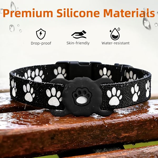 Maledan 2 Pack Airtag Dog Collar Holders Compatible with Apple AirTag GPS Tracking Finder - Air Tag Protective Silicone Case with Paw Pattern for Dog Airtag Holder Cat Collar Loop Holder, Black+Black - 5