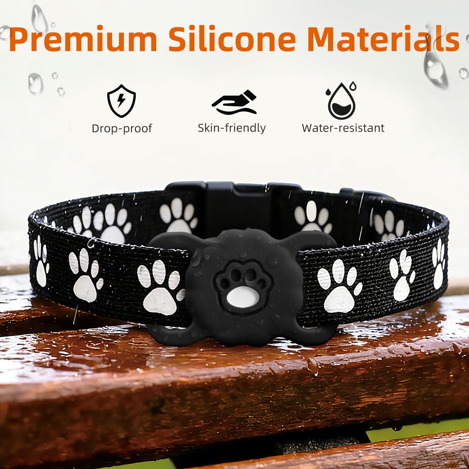 Maledan 2 Pack Airtag Dog Collar Holders Compatible with Apple AirTag GPS Tracking Finder - Air Tag Protective Silicone Case with Paw Pattern for Dog Airtag Holder Cat Collar Loop Holder, Black+Black — view 5