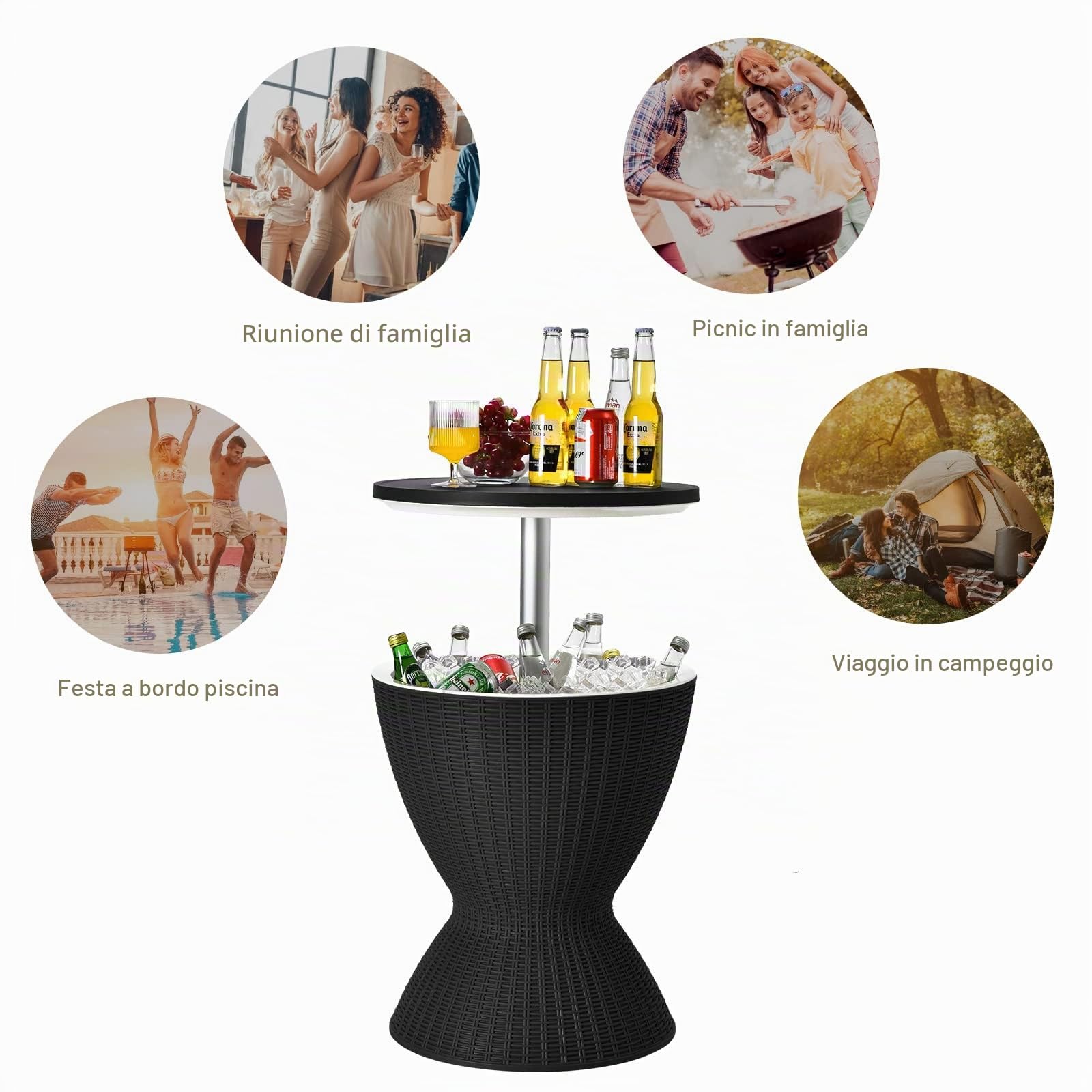 GYMAX Tavolino Frigo 30L, Secchiello Ghiaccio con Valvola di Scarico e Coperchio, Tavolo Portaghiaccio in Effetto Rattan Resistente alle Intemperie, per Feste in Piscina e Barbecue (Nero)