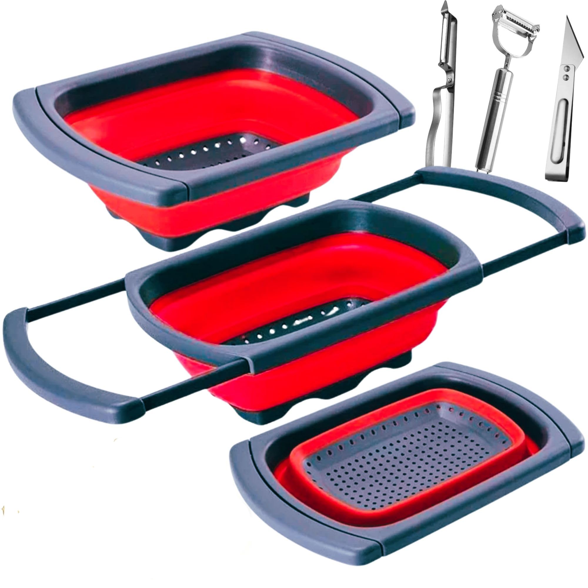 Scolapasta pieghevole – Colino e scolapasta in silicone con manici estensibili con 3 set di pelapatate – uso per verdure, frutta e pasta, colino pieghevole, 15,8 l, rosso