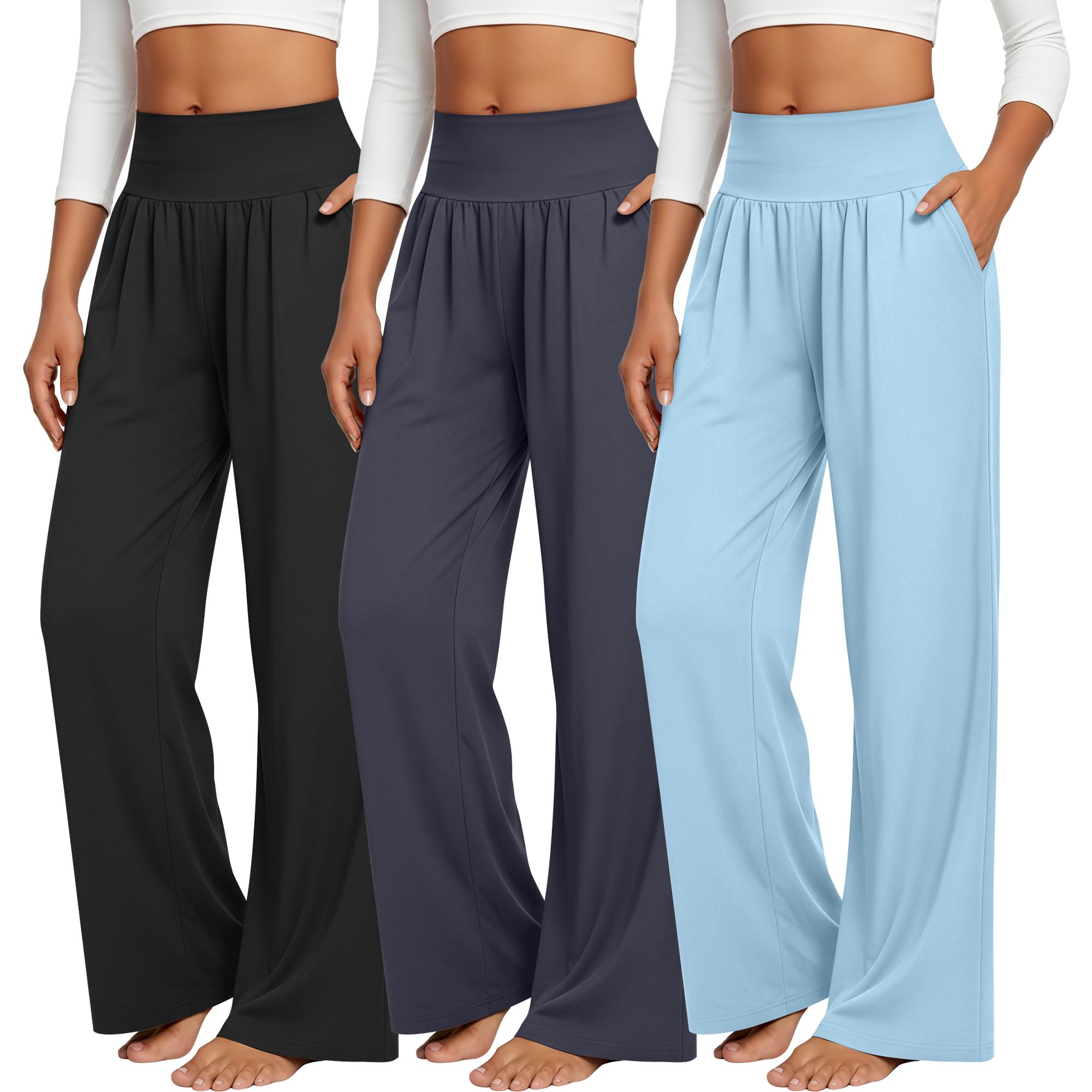 Neer 3 Pack Women's Wide Leg Yoga Pants, Comfy Lounge Pants with Pockets Ladies' Stretch Sweatpants Elastic Waist Joggers