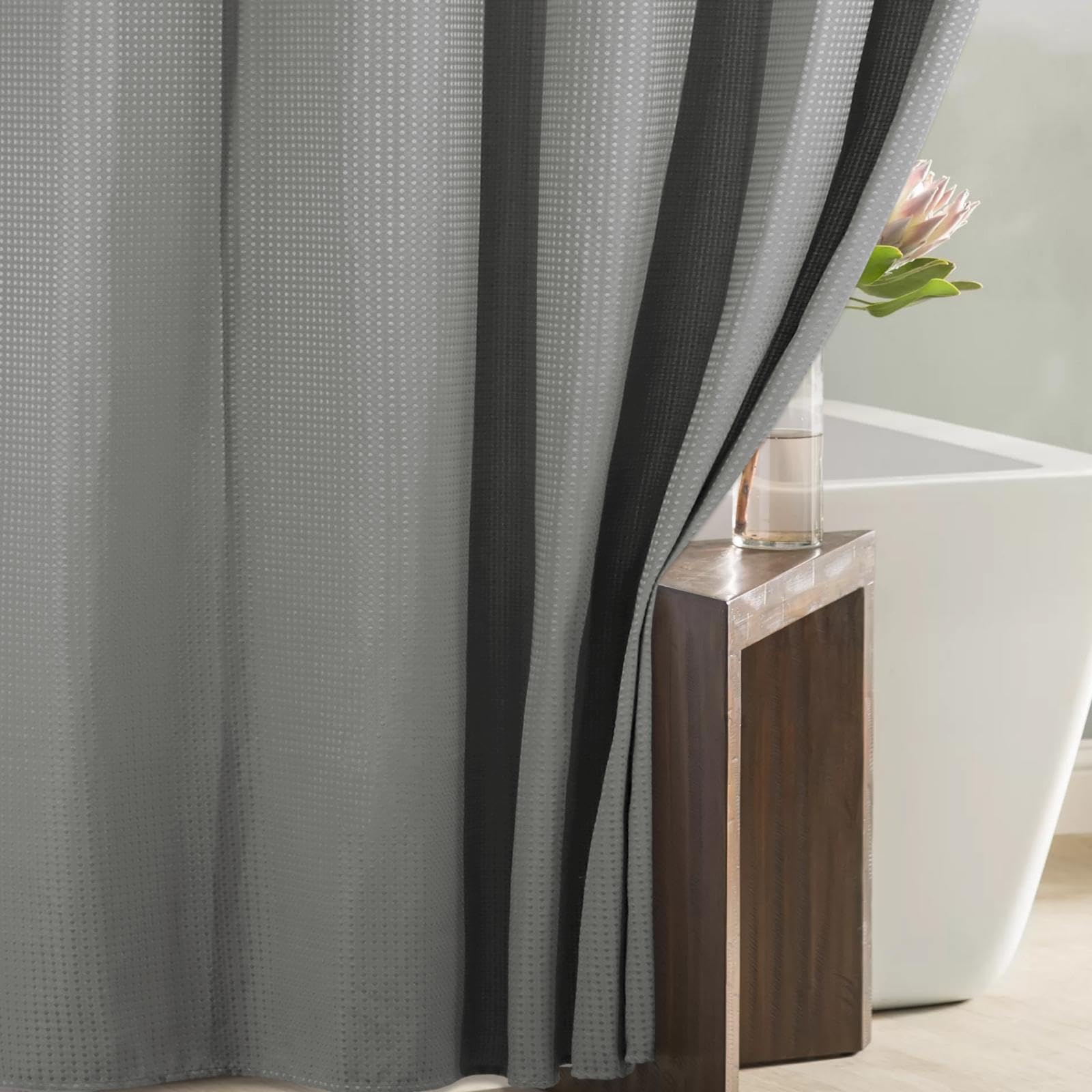 Grey Waffle Weave Shower Curtain: Gray Heavy Duty Textured Fabric Shower Curtains for Bathroom - 256 GSM Water Repellent Washable Thick Polyester Cloth Bath Curtain - 72x72