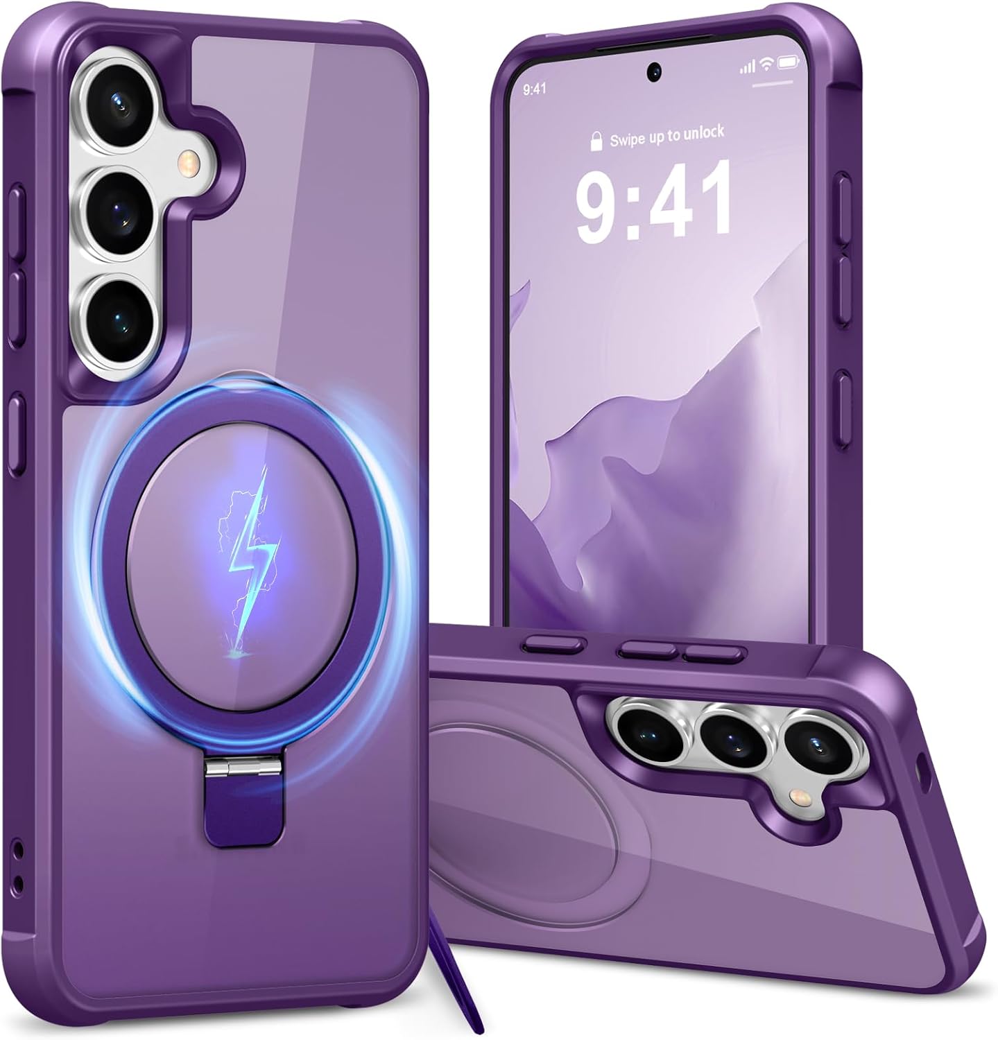 Hocase for Samsung Galaxy S25 Case, with Ring Stand [Magnetic Wireless Charging Supported] [Military Grade Protection] Slim Shockproof Translucent Protective Phone Case - Purple