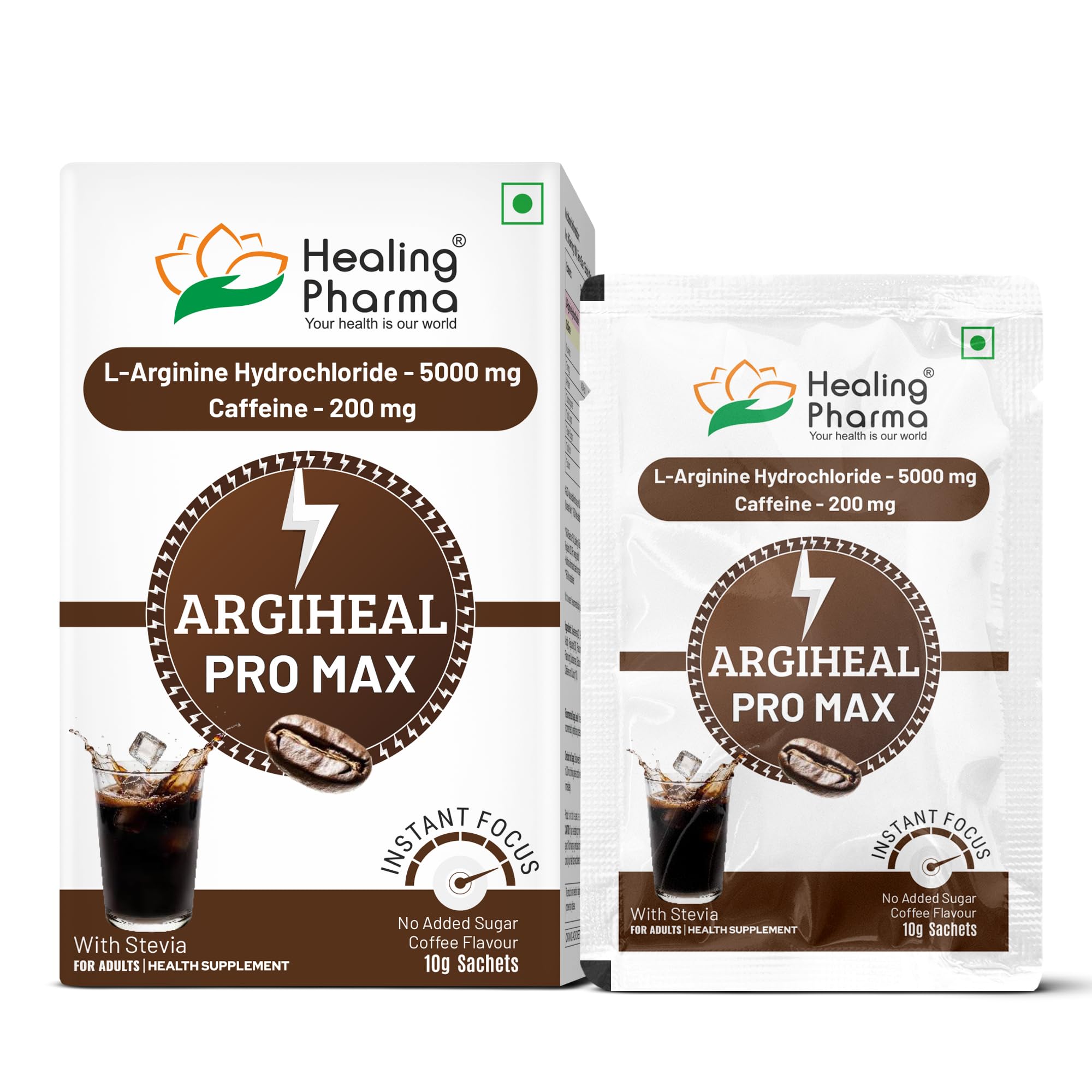 Healing Pharma - Argiheal Pro Max L-Arginine HCL 5g + Caffeine 200mg | Instant Energy & Focus Drink Mix | Coffee Flavour | No Added Sugar | With Stevia | Pack of 10 Sachets (10g each)-image-38