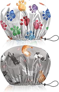 2 PCS Shower Cap Reusable Waterproof Double Layer Elastic Adjustable Hair Bath Caps Cute Aesthetic for Women Girls-Paw Cats