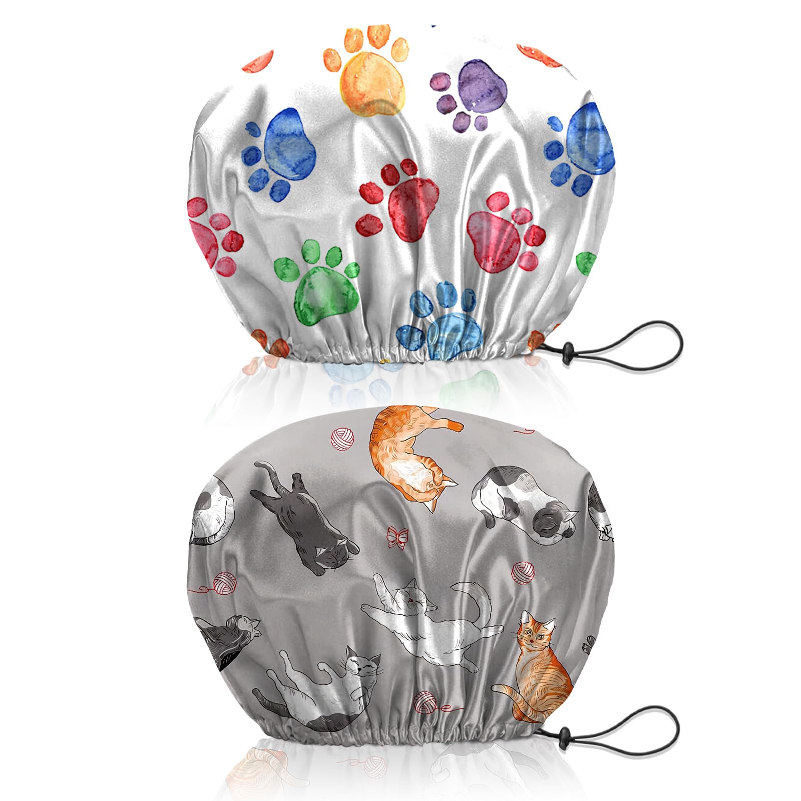 BHAHB 2 PCS Shower Cap Reusable Waterproof Double Layer Elastic Adjustable Hair Bath Caps Cute Aesthetic for Women Girls (V13-Paw Cats)