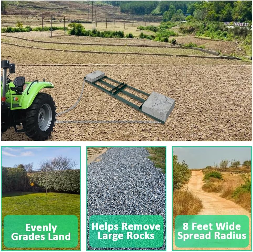 Yeeoy 8 FT Drag Harrow, Driveway Drag Grader Landscape Power Rake, Tow Behind Yard Lawn Leveling Tool with 6 Ft Heavy Duty Chain for ATV, UTV, Tractor, Mower