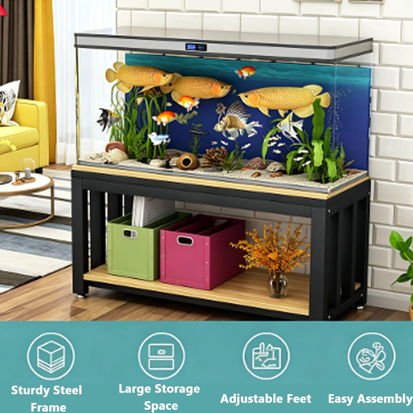 Mueble Acuario, Soporte Metálico para Acuarios Y Terrarios | Con Estante de Almacenamiento Y Patas Niveladoras Ajustables(Natural,90x45cm/35.43x17.71in)