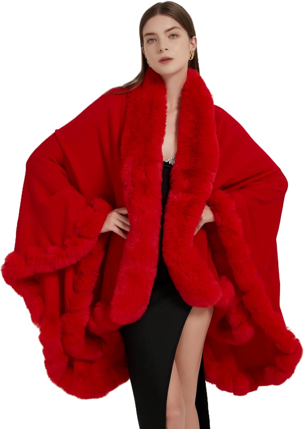 Faux Fox Fur Trim Cardigan Cloak Shawl Wraps Winter Poncho Oversized Cape