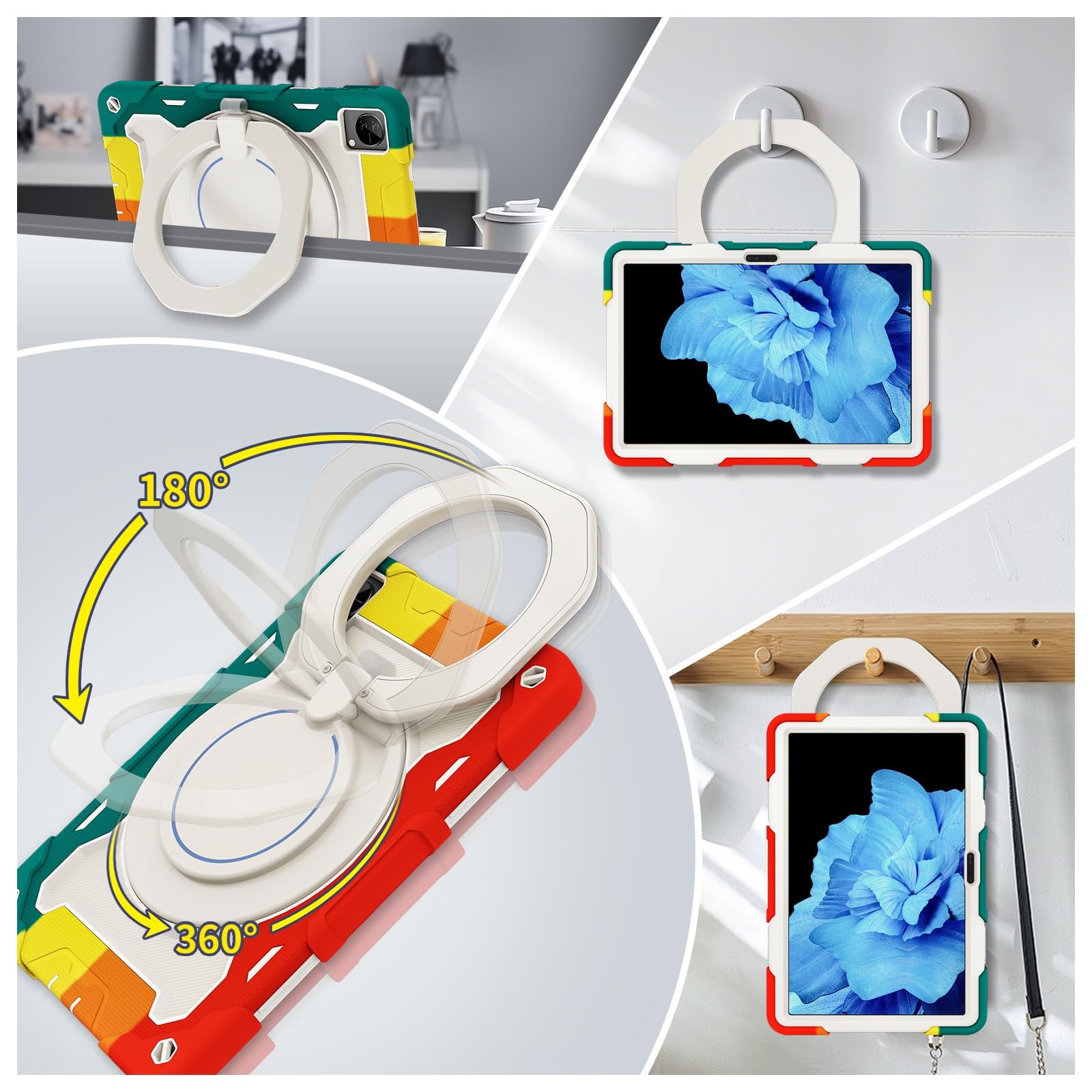 Custodia protettiva resistente per Vivo Pad da 11 pollici, supporto girevole a 360°, tracolla, portapenne e anello per manico, copertura antiurto per bambini e adulti (rosso verde)