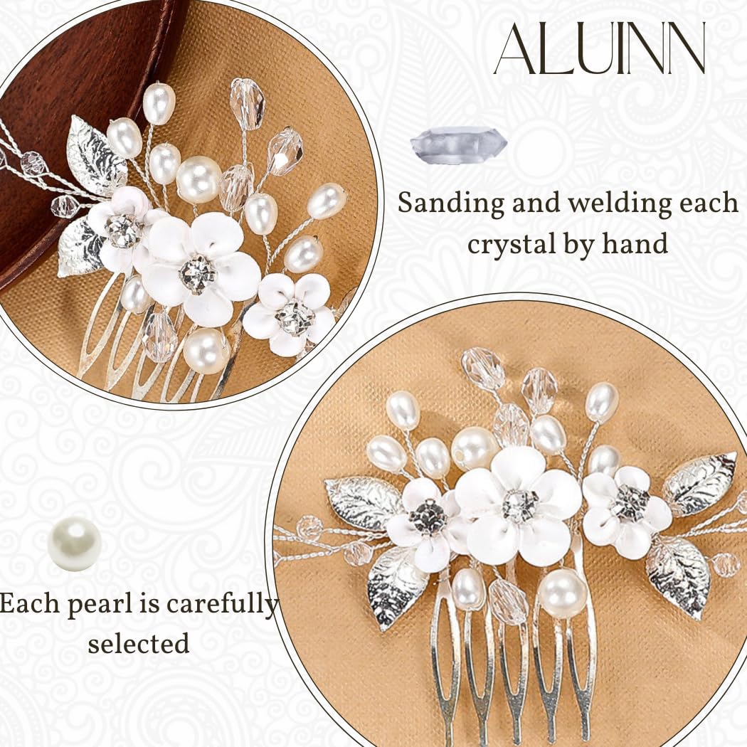 ALUINN Crystal Bride Wedding Hair Comb Pearl Hair Piece Flower Bridal Hair Accessories for Brides Bridesmaids Women Silver - Image 5