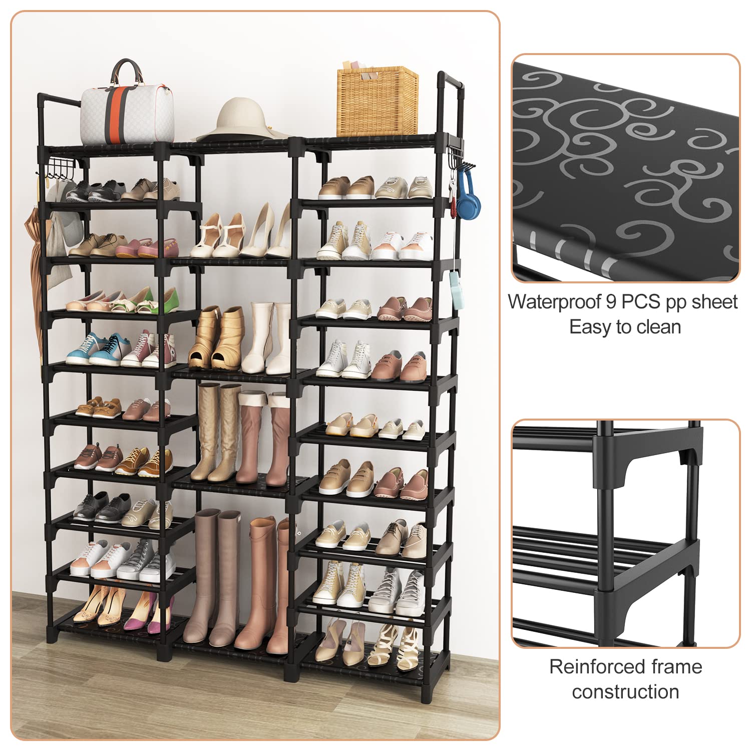 Vicye Schuhregal 10 Ebenen Schuhaufbewahrung, DIY Schuhablagen aus Metall, 54-62 Paar Schuhe Aufbewahrung, Platz Sparen, Standregal Schuhschrank mit Haken für Eingang, Ankleidezimmer und Flur