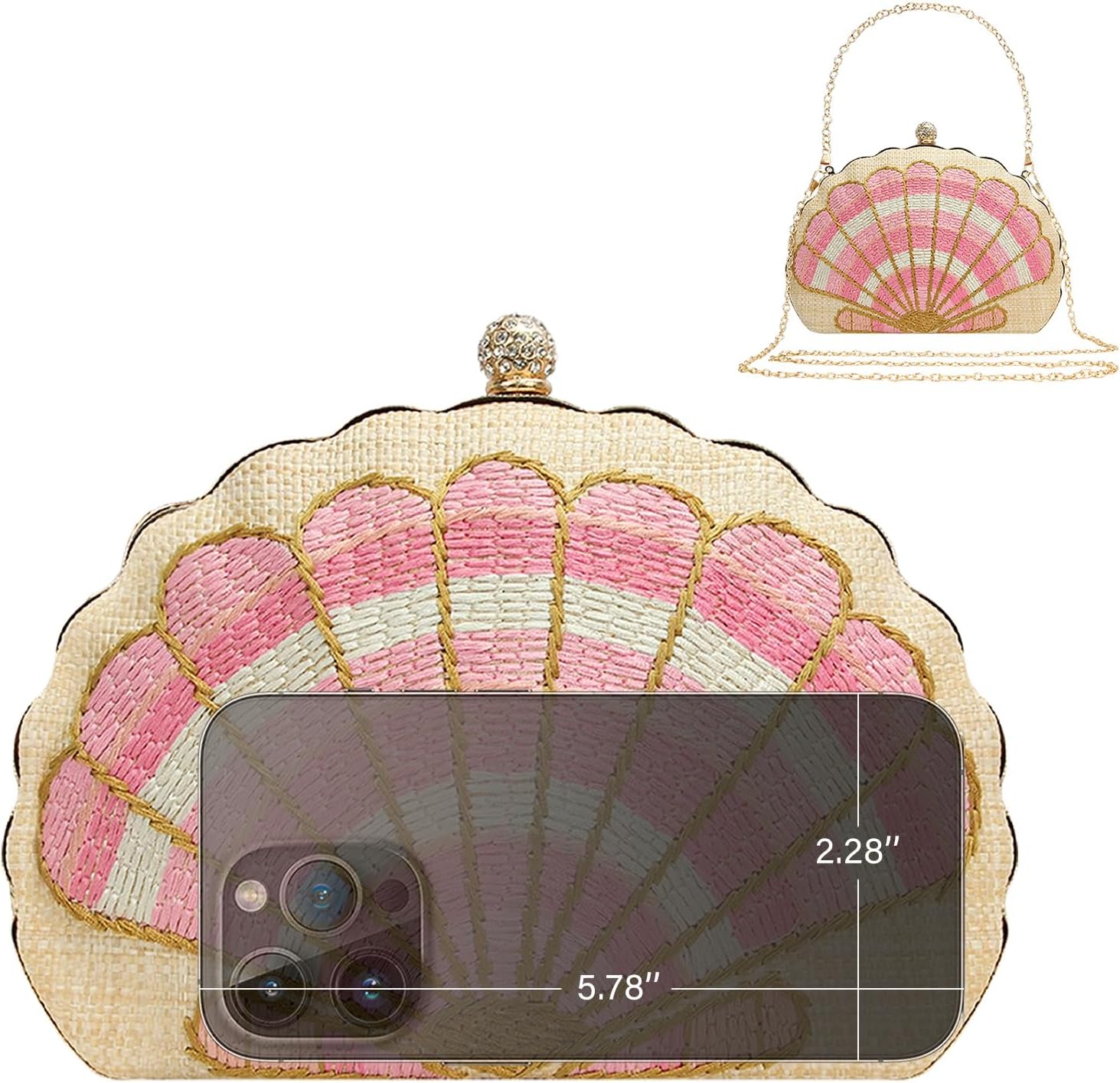 Women's Straw Woven Clutch Purse Embroider Shellsea Pattern Handbag - Image 5