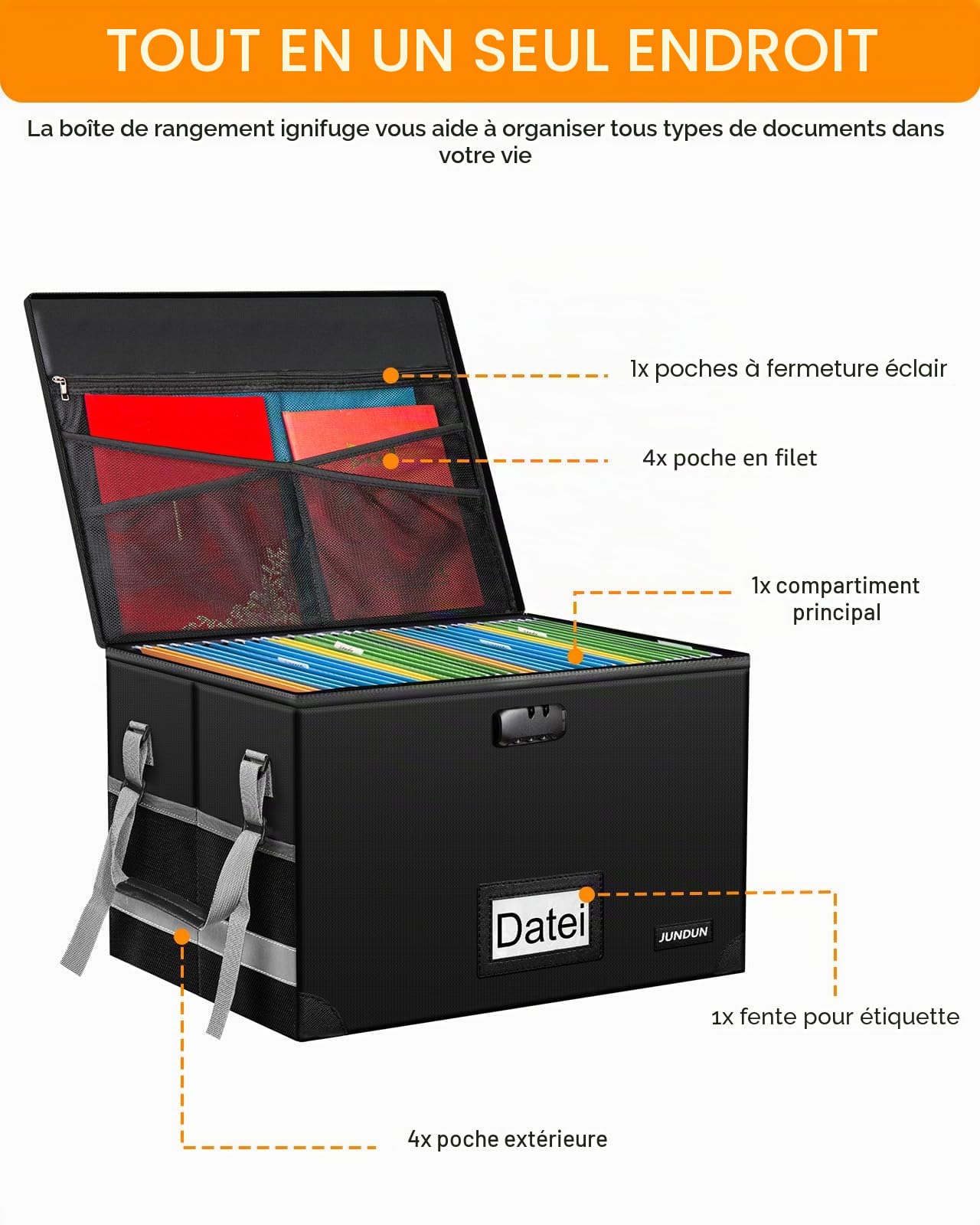 JUNDUN Boîte de rangement de fichiers avec serrure, boîte à documents pliable ignifuge avec fermeture éclair imperméable et couvercle, boîte de rangement décorative portable pour la maison/le bureau