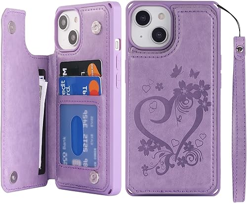 iCoverCase Funda compatible con iPhone 14 tipo cartera para teléfono con tarjetero para mujer, bloqueo RFID en relieve de piel sintética con correa