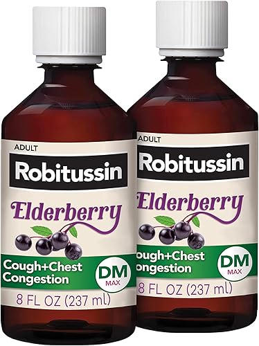 Robitussin Máxima fuerza para la tos de saúco y la congestión del pecho, DM, supresor de la tos para adultos, proporciona alivio líquido para la tos