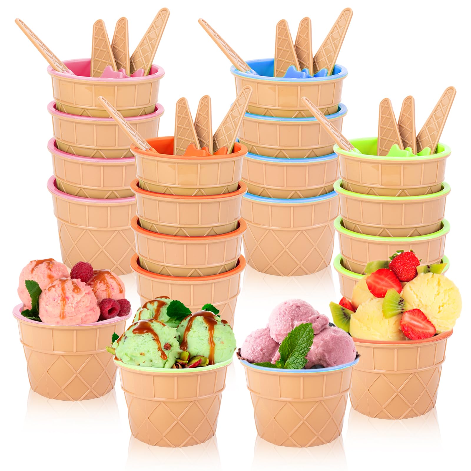 16 Pcs Ice Cream Bowls, Plastic Cartoon Ice Cream Cups and Spoons Set Reusable Cute Candy Color Dessert Frozen Yogurt Bowl Container Party Favors Sundae Birthday Decorations Summer Holiday Supplies