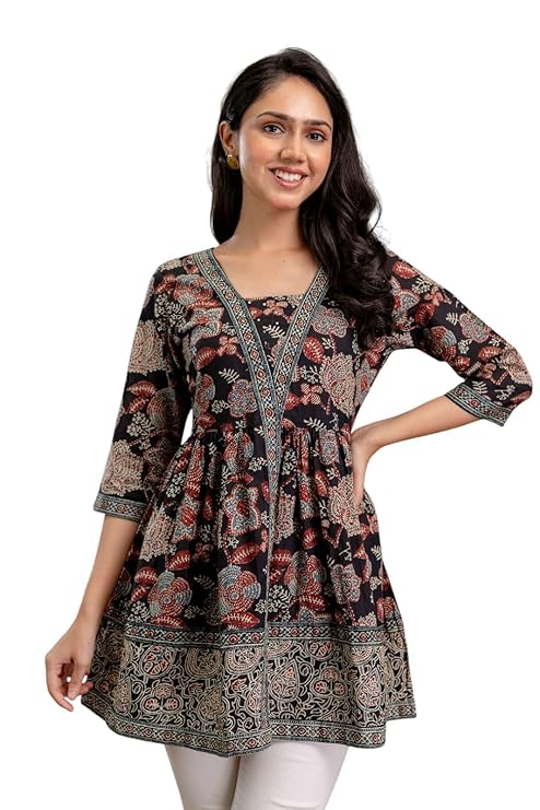 Stylum Women’s Floral Printed Cotton Peplum Top – Black