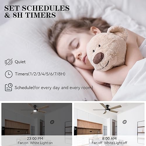 Miniatura 6 de SMAAIR Ventilador de techo inteligente Wifi con luz, control remoto de madera contrachapada de 52 pulgadas, temporizador y horario de control de