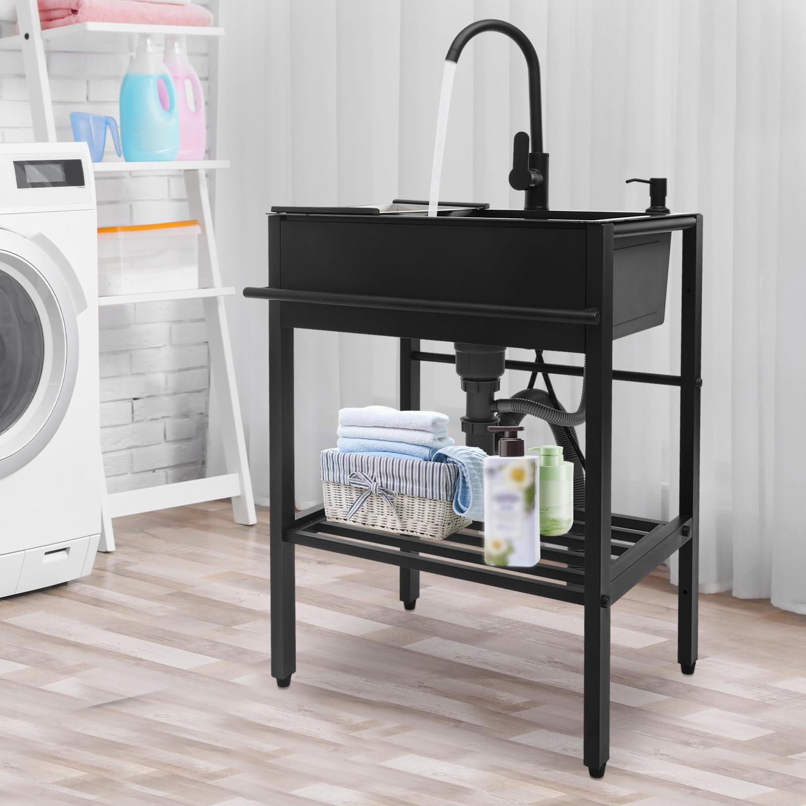 Freistehende Edelstahl Spültisch, Mobile Spüle mit Wasserhahn, 1 Becken Spühlbecken mit Arbeitsplatte und untere Ablage für Außen, Innen, Küche, Restaurant, Schwarz