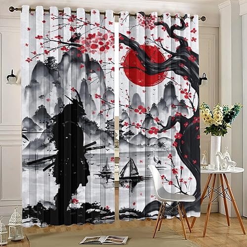Miniatura 5 de Cortinas opacas japonesas retro para dormitorio, tinta de acuarela, samurái, sol rojo, montaña, cerezo, flores, ojales, aislamiento térmico,