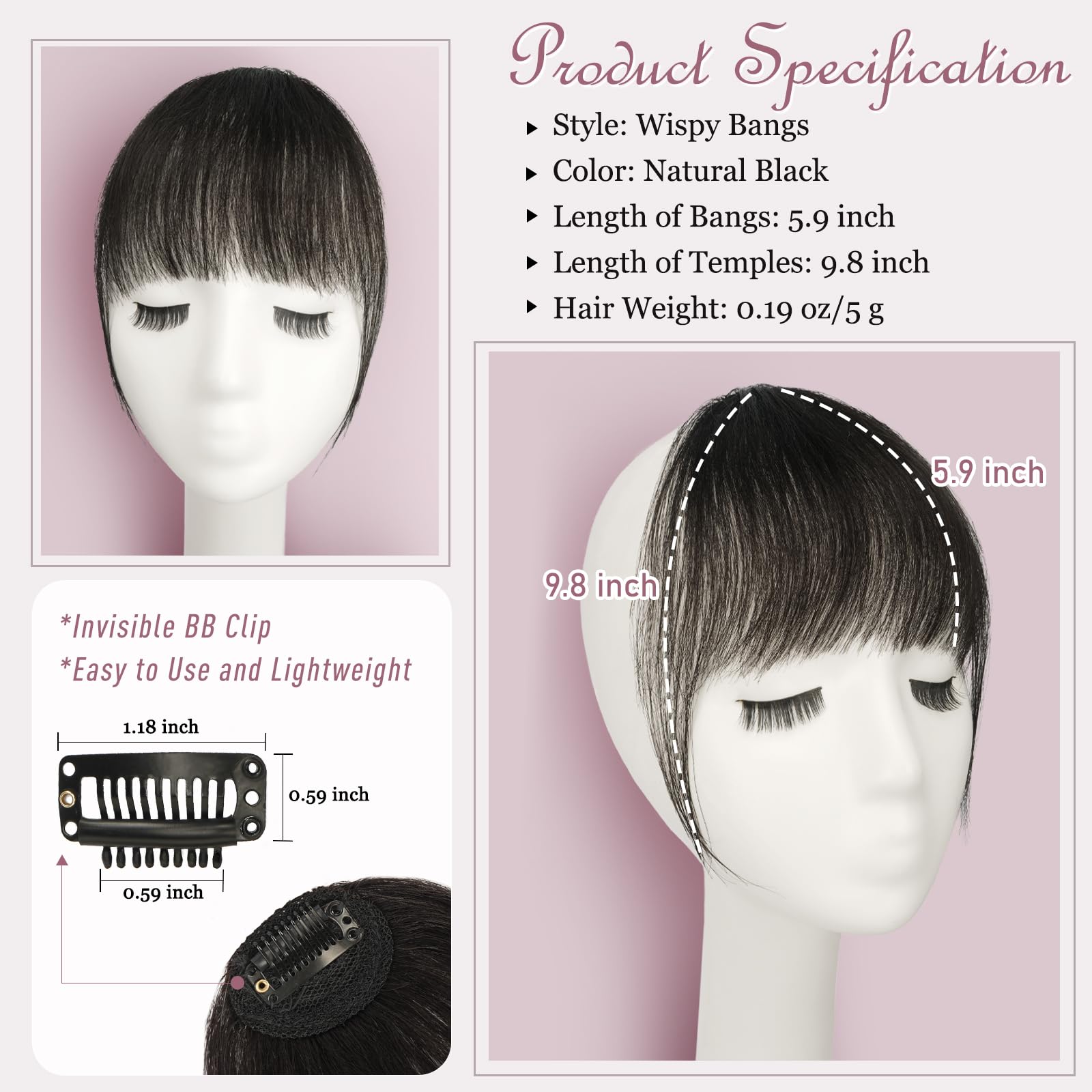 RUWISS Clip in Pony 100% capelli veri con clip in bangs con tempie, capelli umani Remy, fringe bangs per donne frangia Extension capelli umani da donna (nero naturale)