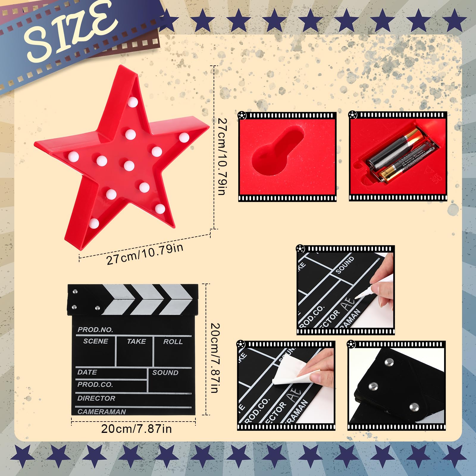 16 piezas de decoración de fiesta de película, luz LED de marquesina en forma de estrella, letrero de letra de película, tarjetas de fiesta de película, accesorios de película para decoración