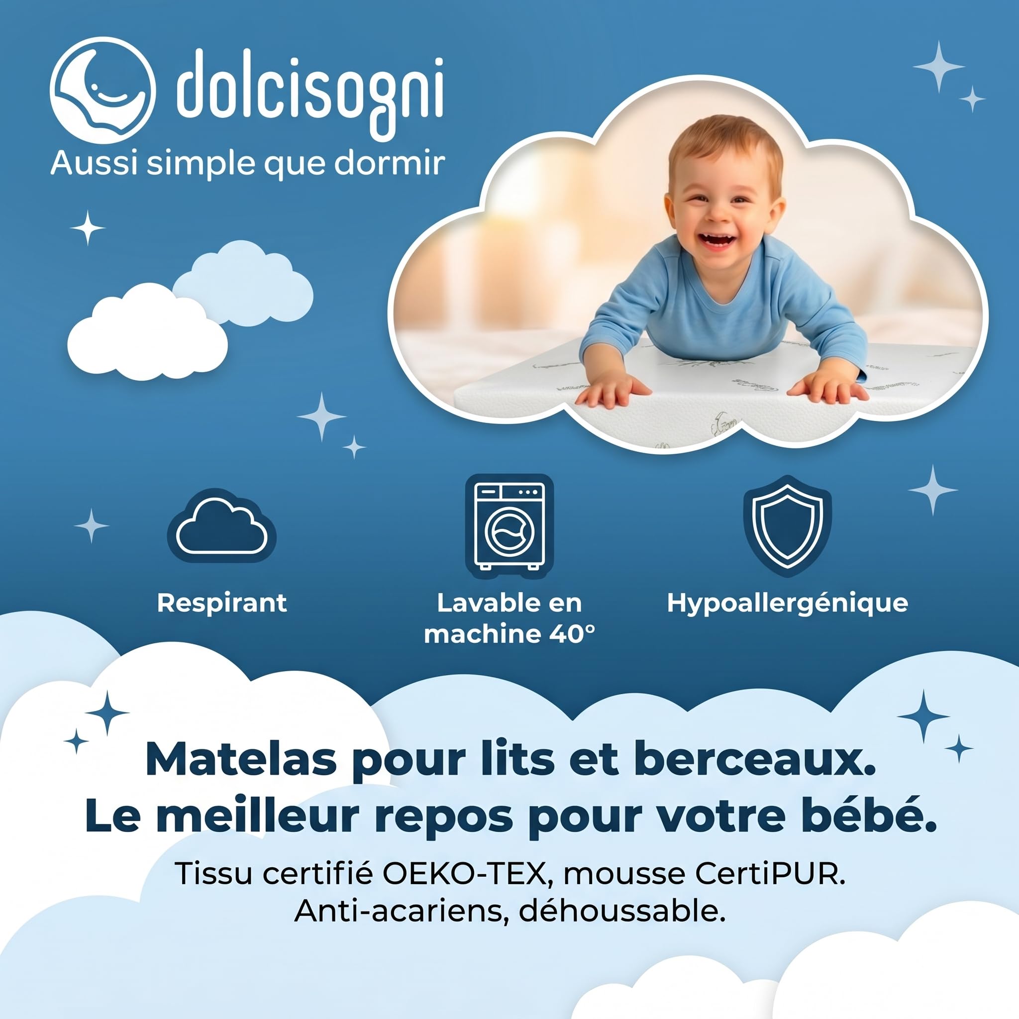 DOLCI SOGNI Matelas Bebe 50x83 cm - Matelas Next to Me Chicco - 100% Made in Italy - Oeko-TEX® et CertiPUR™ - Matelas Couffin avec Housse en Aloe Vera Lavable