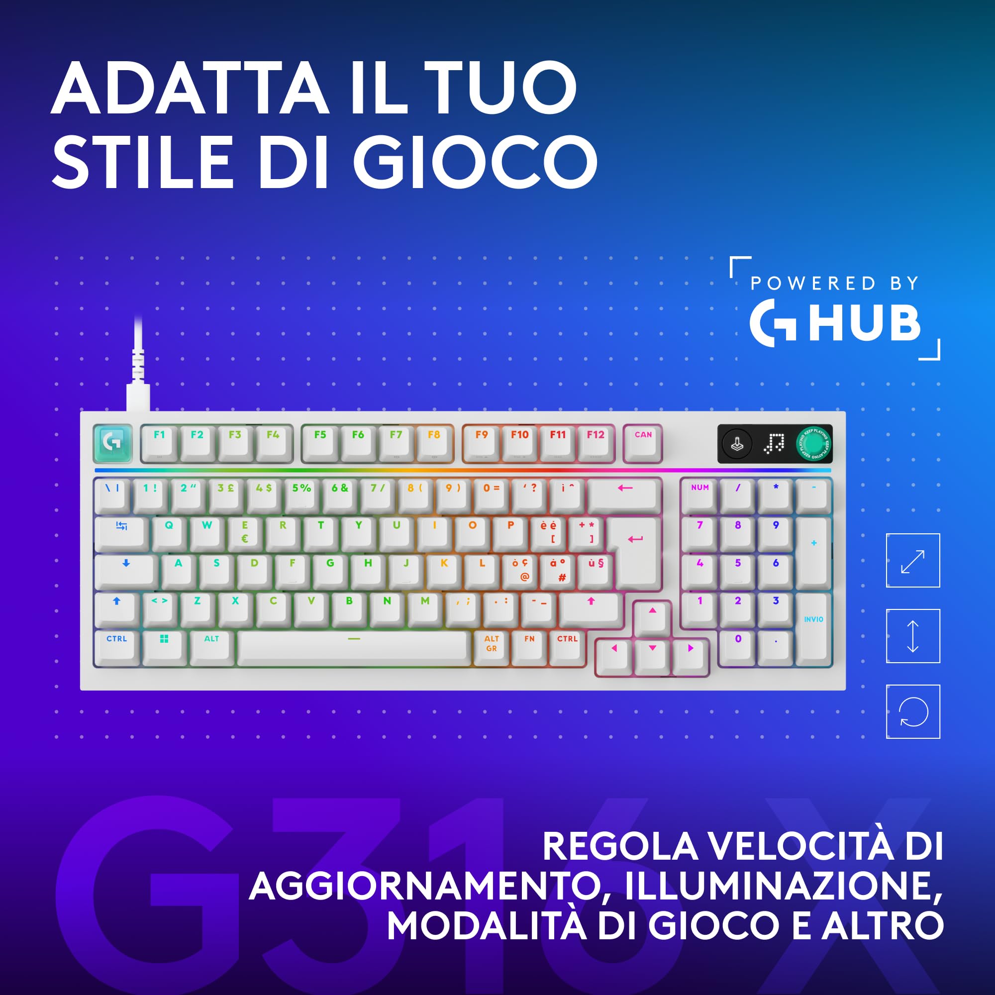 Logitech G G316 X 98, tastiera gaming, 8 kHz, switch Tactile hot-swap, struttura a guarnizione, display LED matrice & manopola, tasti PBT bicomponente, USB-C, RGB LIGHTSYNC, PC, ITA QWERTY - Bianco