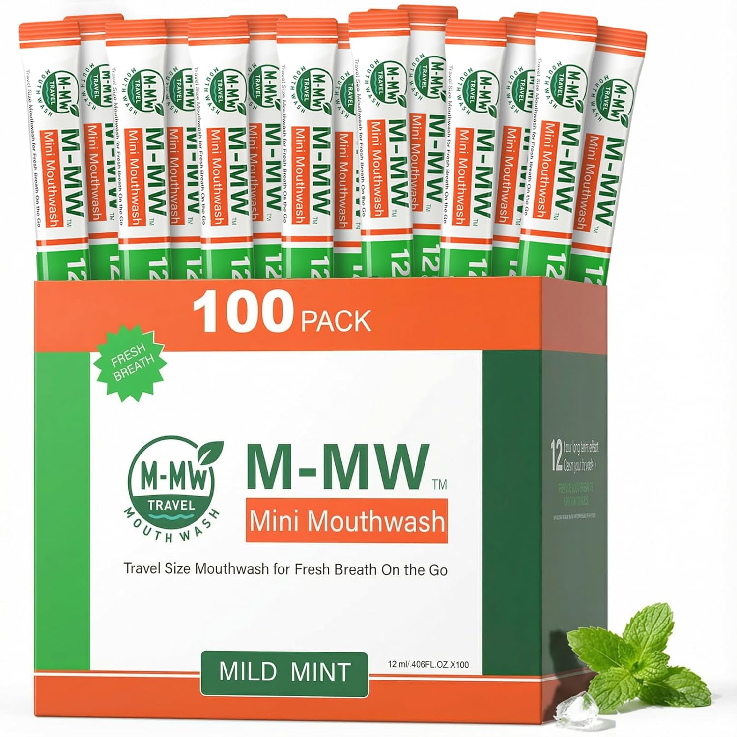 M-MW Travel Size Mouthwash Individual Packets, Alcohol Free Oral Rinse, Bad Breath Treatment for Adults, Mild Mint Flavor, Travel Essentials Toiletries (100 Count)