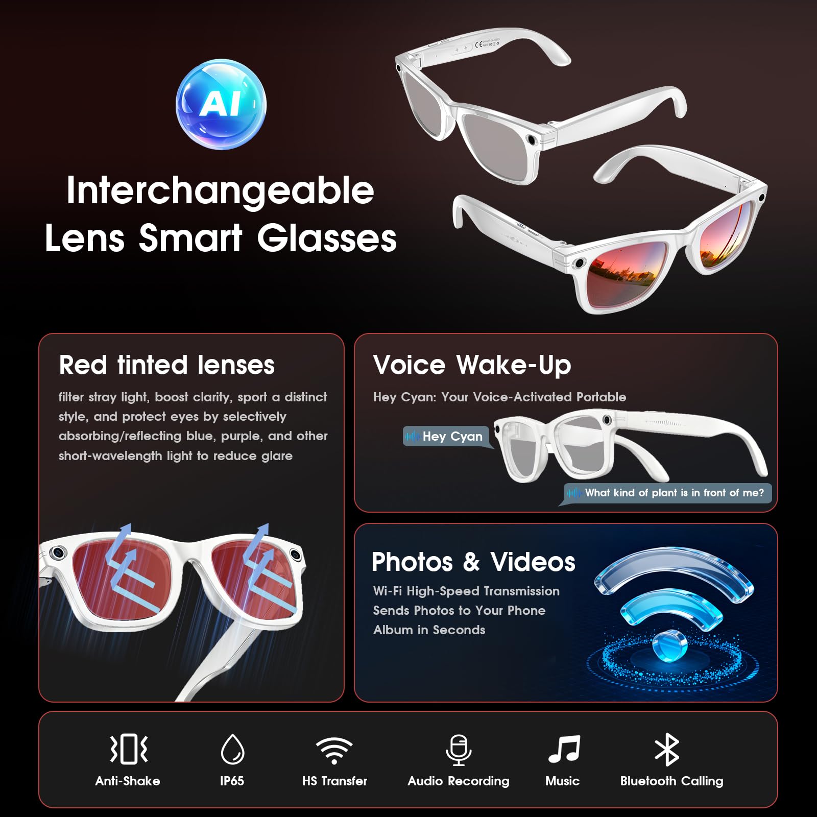 AI Smart Glasses 4K Cámara HD 290mAh 800W Gafas de Cámara con Grabación de Vídeo, Traducción Simultánea/Identificación de Objetos GPT, UV400 Lentes de Protección de Luz Azul (Blanco)